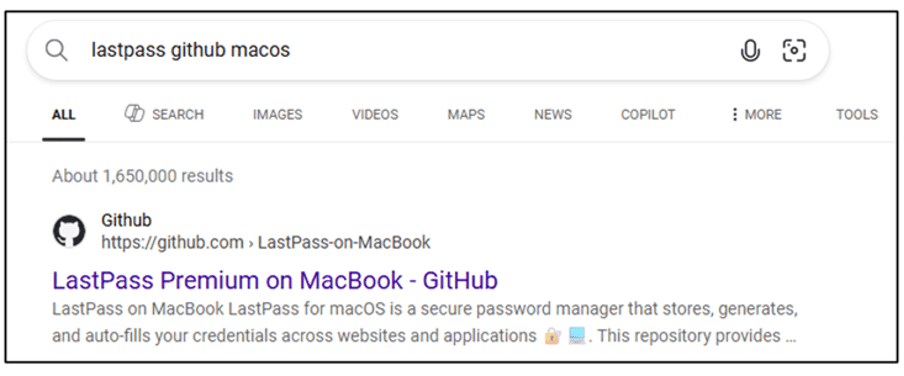A screencapture of an SEO-driven referral to a malicious repository. Source: LastPass Labs