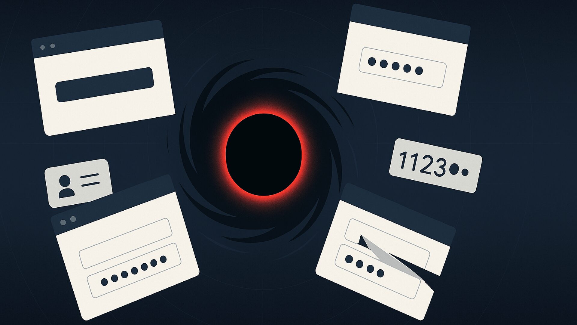 Minimalist digital illustration of a dark black hole with a glowing red rim, pulling in browser windows, login fields, and credential symbols, symbolizing VoidProxy phishing attacks bypassing MFA