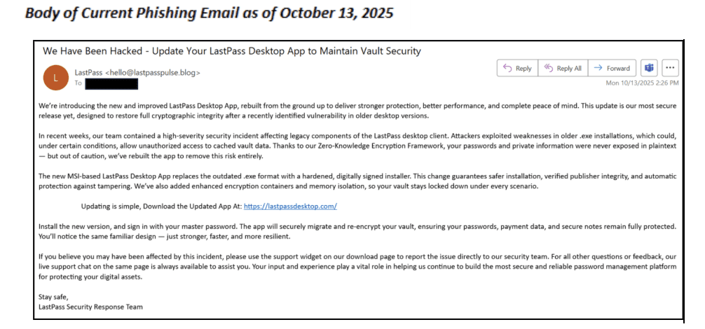 Phishing email impersonating LastPass. Source: LastPass.